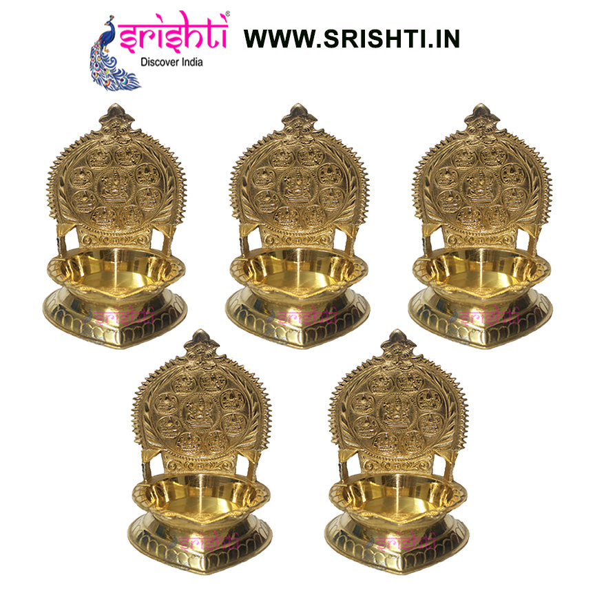 SIKB-Brass Kamakshi Diya Ashtalakshmi Embossed-5 Inches-(Pack of 5)