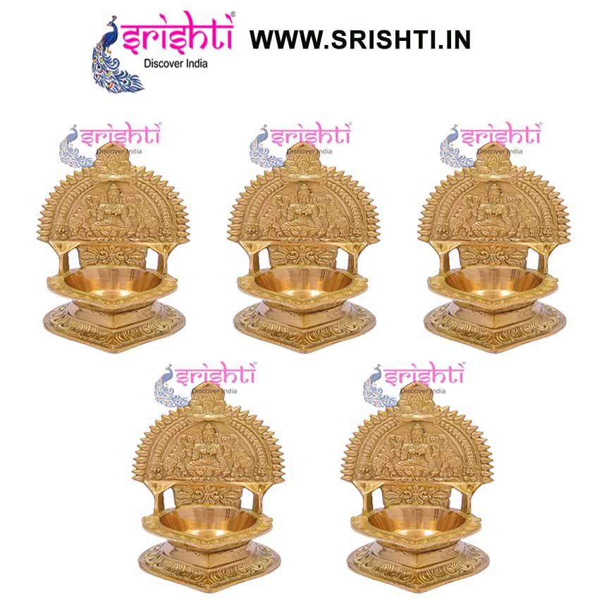 SIKB-Brass Kamakshi Diya Ashtalakshmi Embossed-6 Inches-(Pack of 5)