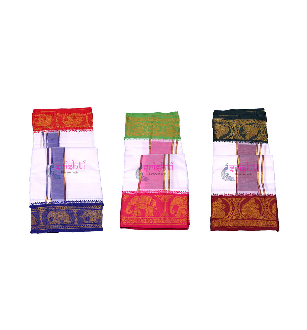 ISCMD-Srishti Premium Pancha Cotton Dhoti/Veshti White Assorted Borders 9 X 5 Yards (ISPCD015)