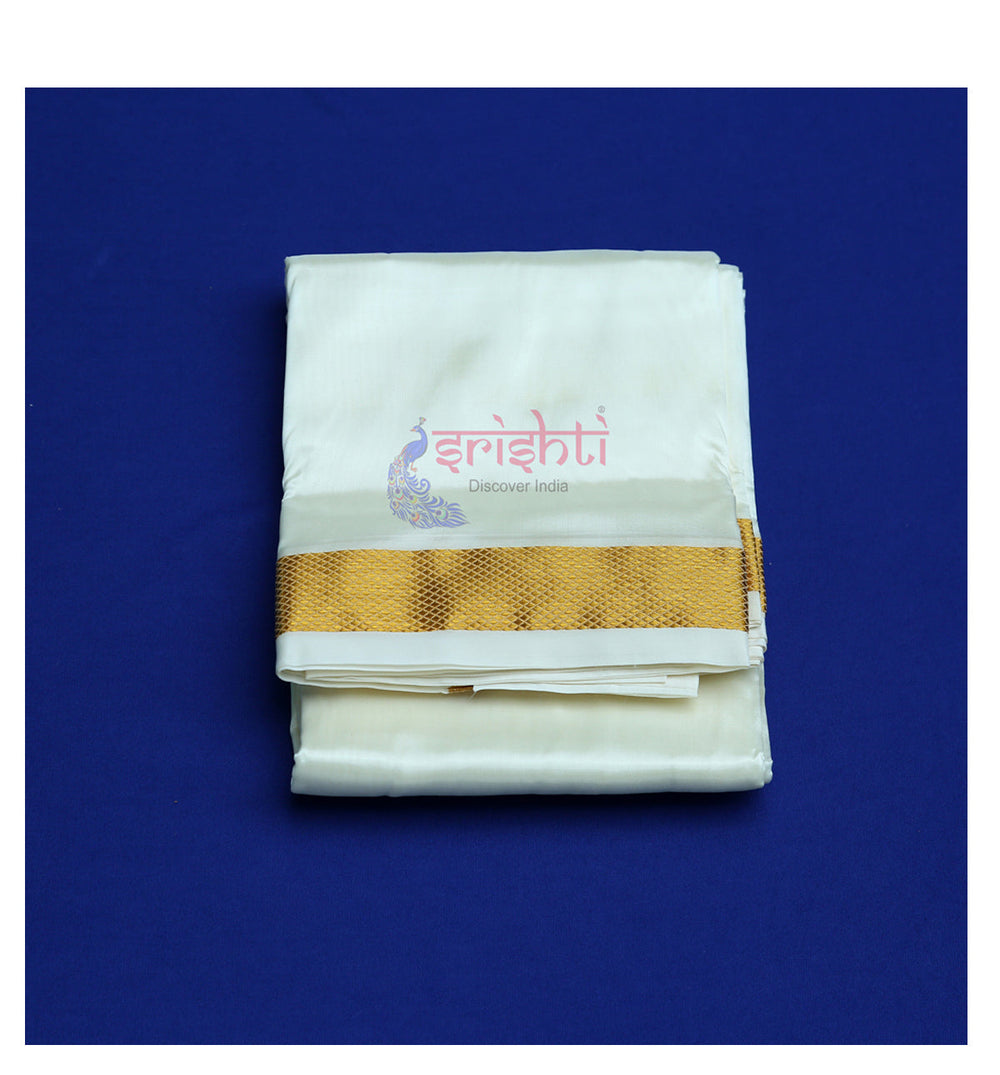 ISPDV-Srishti White Silk Dhoti Gold Border- 8 Yards (ISNSD8010)
