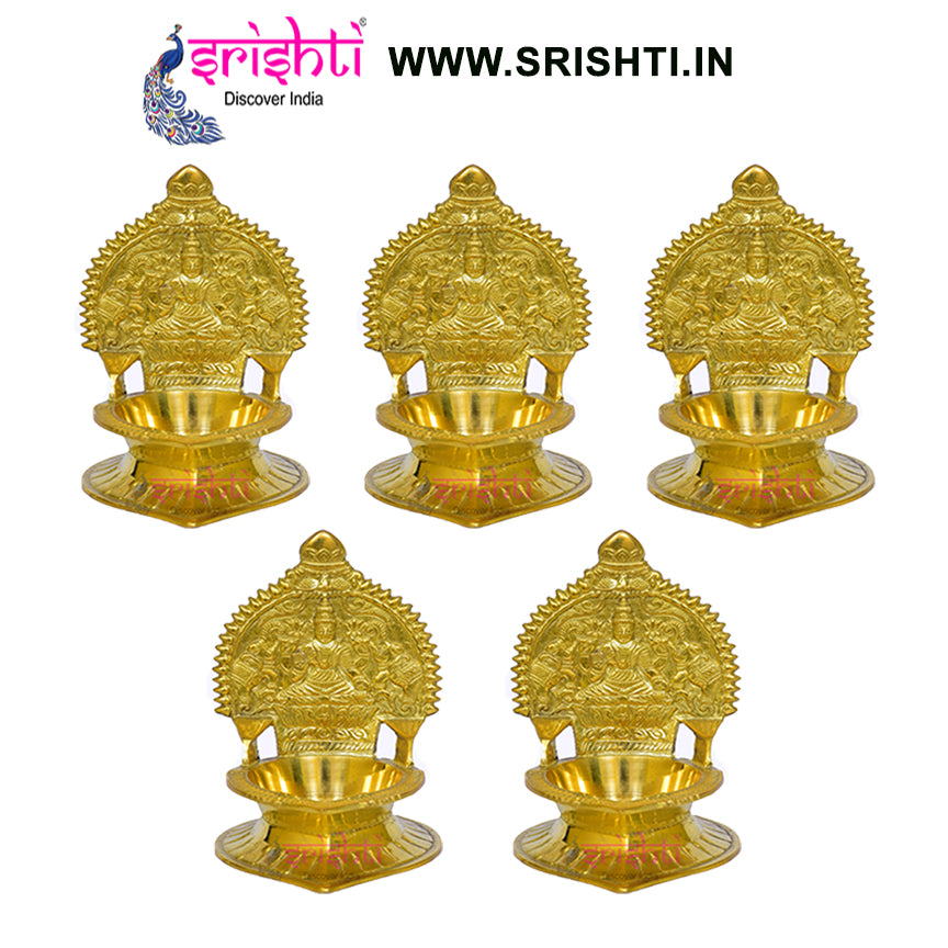 SIKB-Brass Kamakshi Diya Gajalakshmi Embossed-4 Inches-(Pack of 5)