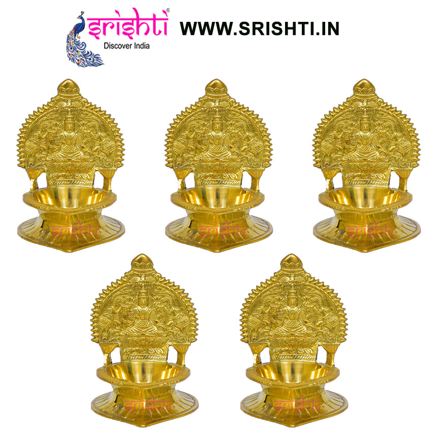 SIKB-Brass Kamakshi Diya Gajalakshmi Embossed-5 Inches-(Pack of 5)