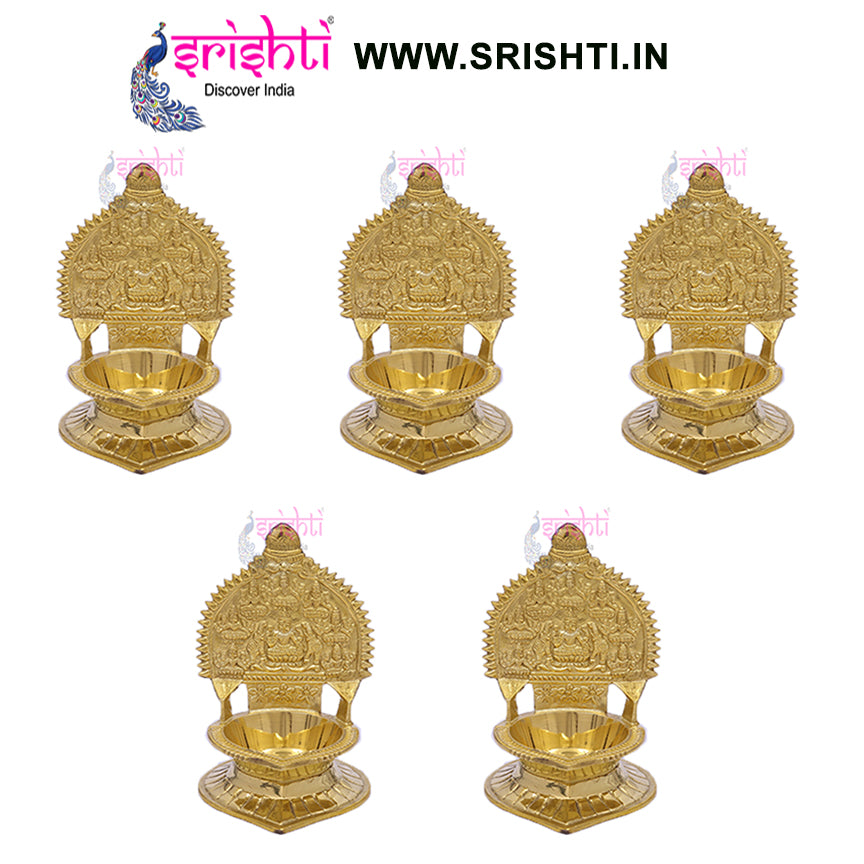 SIKB-Brass Kamakshi Diya Gajalakshmi Embossed-6 Inches-(Pack of 5)